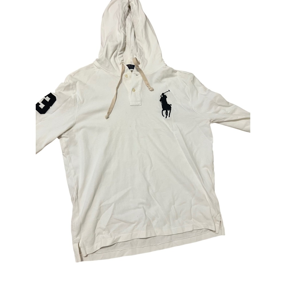 Polo Ralph Lauren Mens White Big Pony Hooded Long Sleeve Pique Shirt Large - Picture 2 of 6